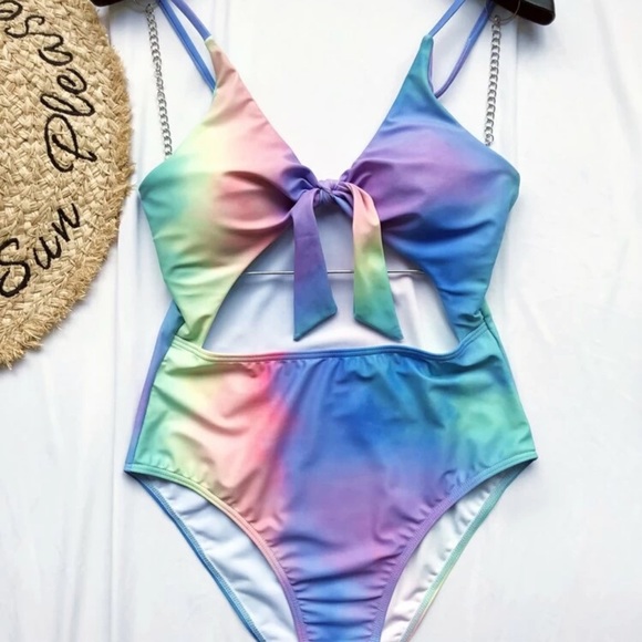 Tie dye cutout one piece swimsuit rainbow knotted - Picture 3 of 3